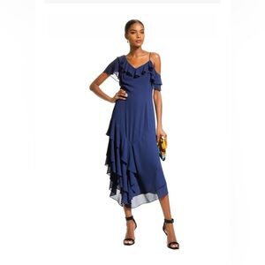 SHANI DRESSES Assymetric Georgette Midi Cold-Shoulder Ruffle Midi Dress in Navy